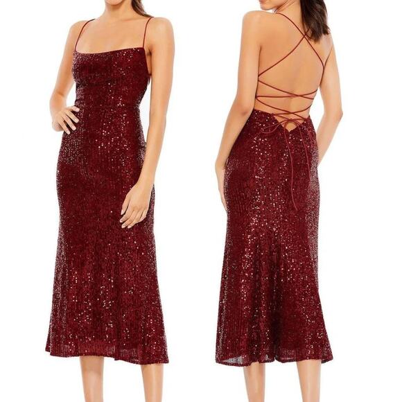 Ieena Mac Duggal Sequin Tie Back Midi Dress Strappy Lace‎ Up Wine Size 2 NWT - Picture 1 of 10